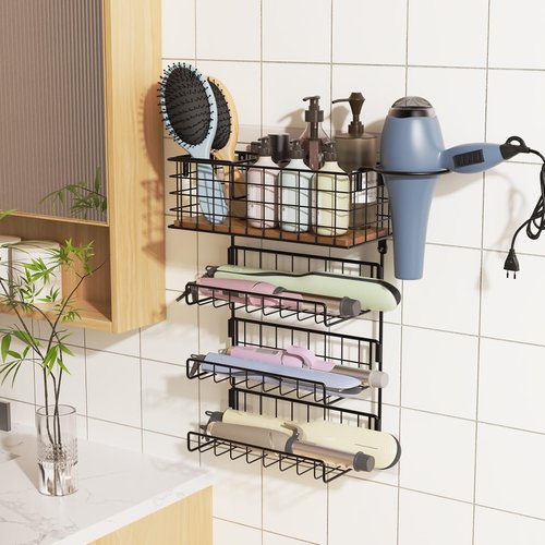 3 Tiers Hair Tool Organizer Wall Mounted, Holds 2 Curling Irons Per Shelf Heat-Resistant, Storage Basket for Hair Tools, Adhesive and Screw Mount for Hair Dryer Straightener in Bathroom Cabinet, Black