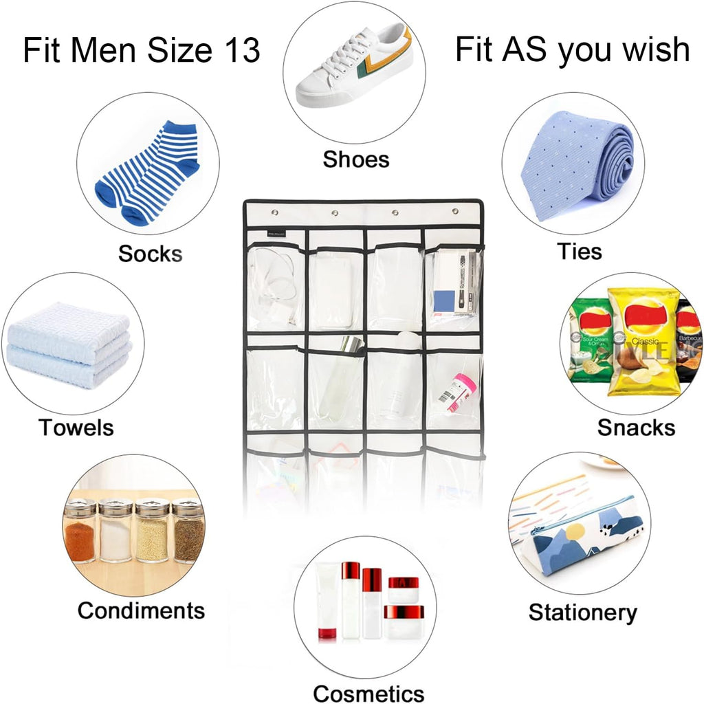 Skiennix Extra Large Over Door Shoe Organizer - 12+6 Pockets with 4 Hooks | Crystal Clear, White (59" x 21.6")