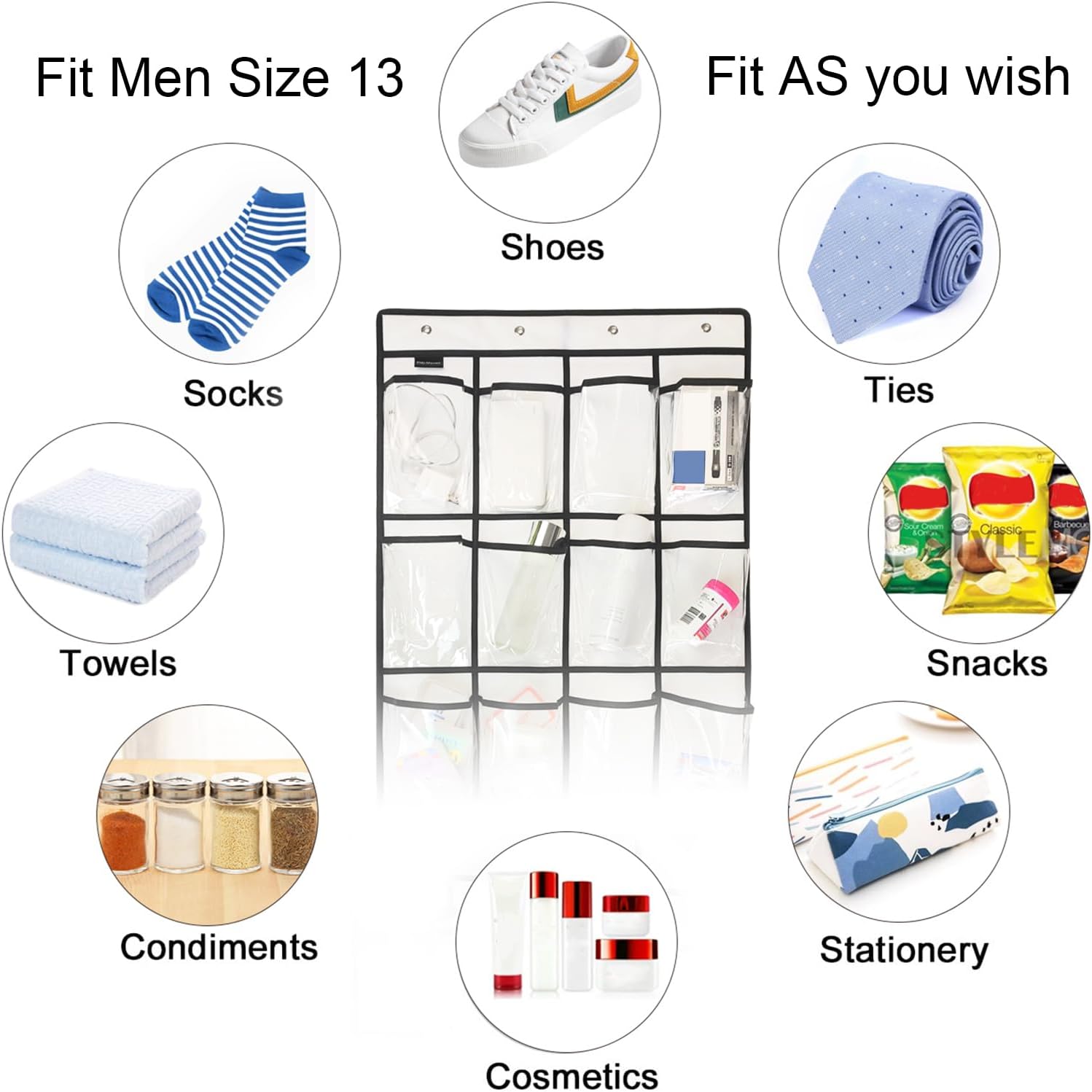 Skiennix Extra Large Over Door Shoe Organizer - 12+6 Pockets with 4 Hooks | Crystal Clear, White (59" x 21.6")