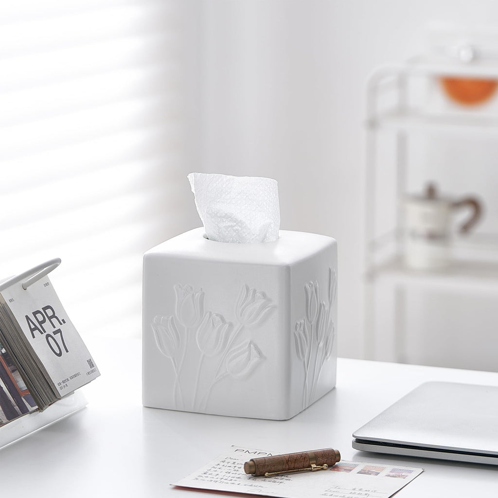 White Ceramic Tulips Tissue Box Cover - Modern Square Decorative Organizer for Facial Tissues, Farmhouse Style Home Decor for Bathroom, Bedroom, Living Room & Office