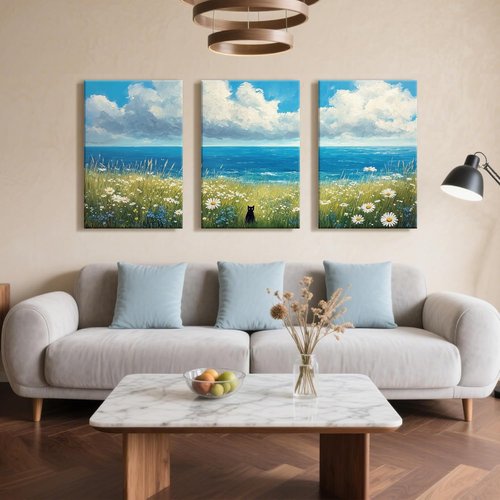 Black Cat Canvas Wall Art - Set of 3 Abstract Coastal Floral Prints | 12"x16" Wrapped Frame