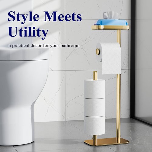 Kitsure Toilet Paper Holder Free Standing – Rustproof Metal Toilet Paper Stand for 4 Rolls with Anti-Slip Base and Shelf for Phone & Small Items, Bathroom Organizers and Storage, Medium, Chrome Gold