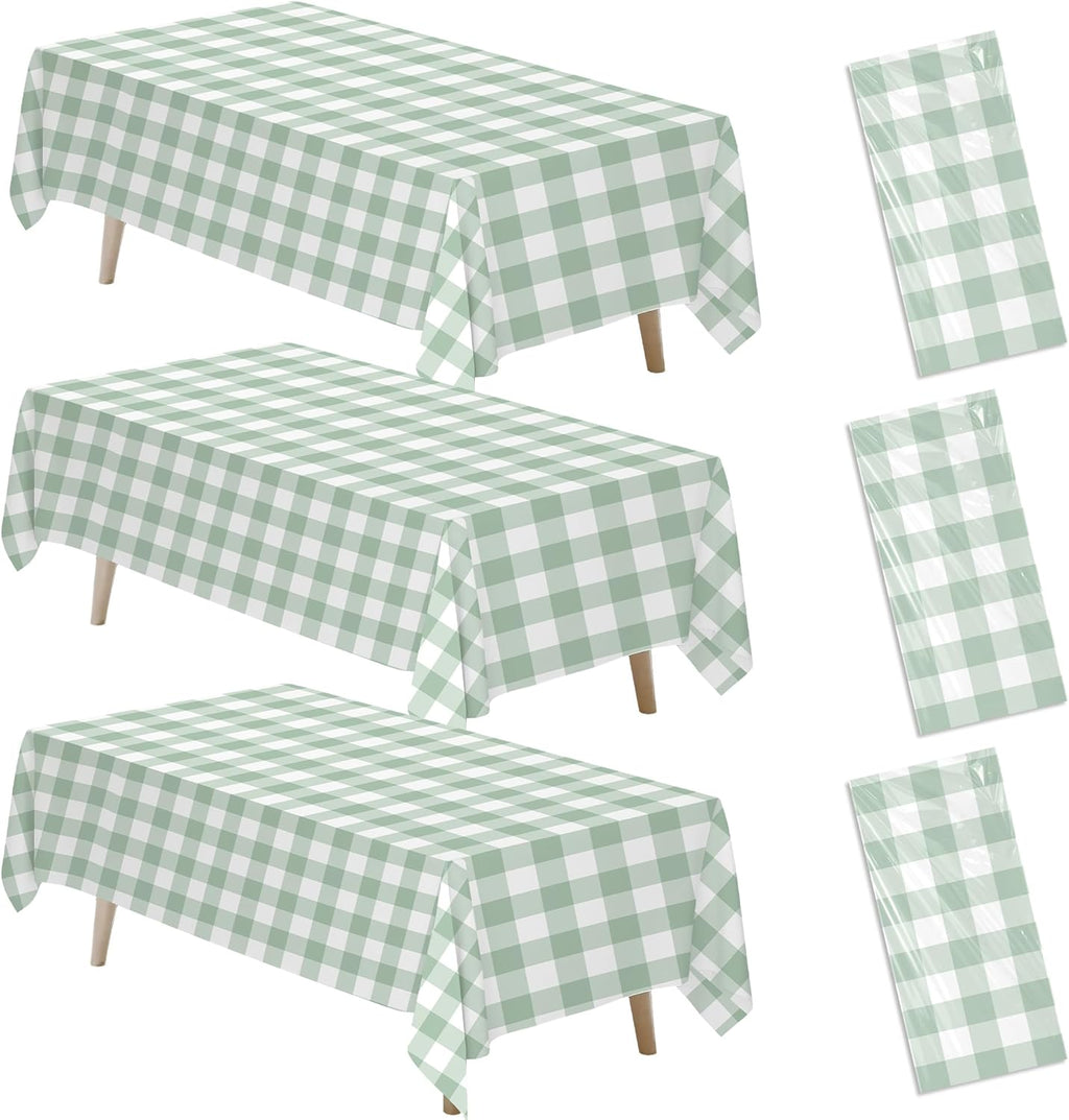 Sage Green Gingham Tablecloths - 3 Pack Disposable Plaid Party Supplies | 55in x 86in for Events