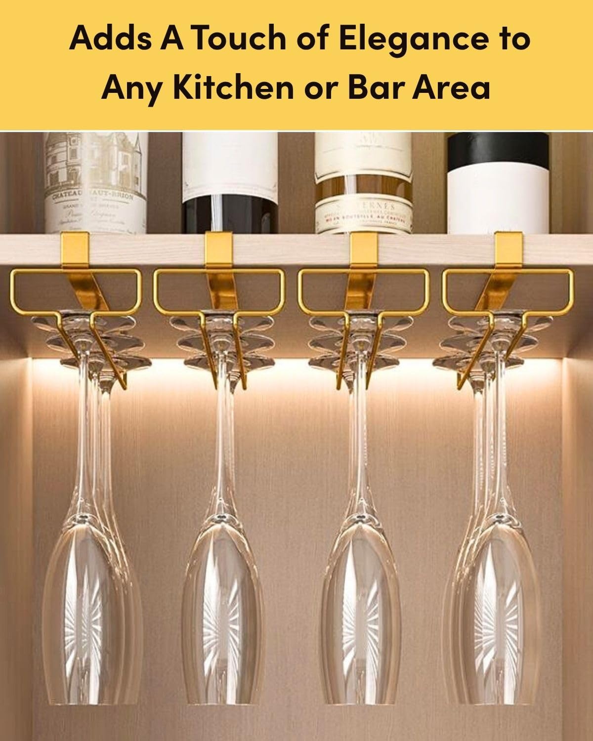 LINFIDITE Gold Under Cabinet Wine Glass Holder, 2 Pack, Space Saving, Easy Installation, Anti-Skid, Compact Design, Sturdy Materials, Affordable Gift