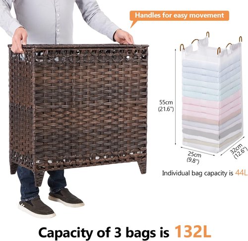 Handwoven Rattan Laundry Hamper by [Brand Name] - 132L Capacity with 3 Removable Liner Bags & Lid | Brown