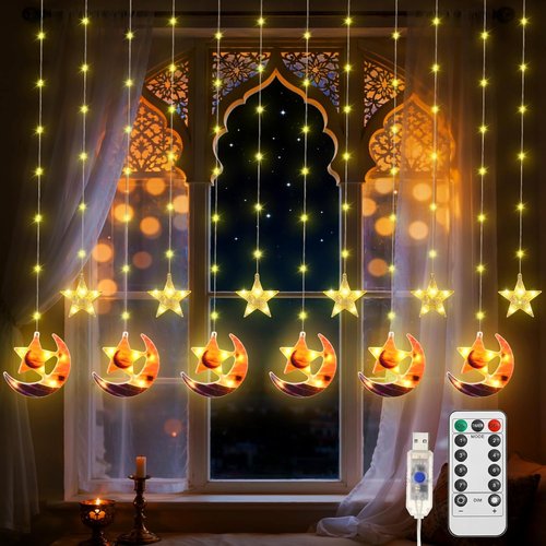 Lewondr LED Moon Star Curtain String Lights - 138 Fairy Lights with Remote Control & Timer | Perfect for Ramadan Decor
