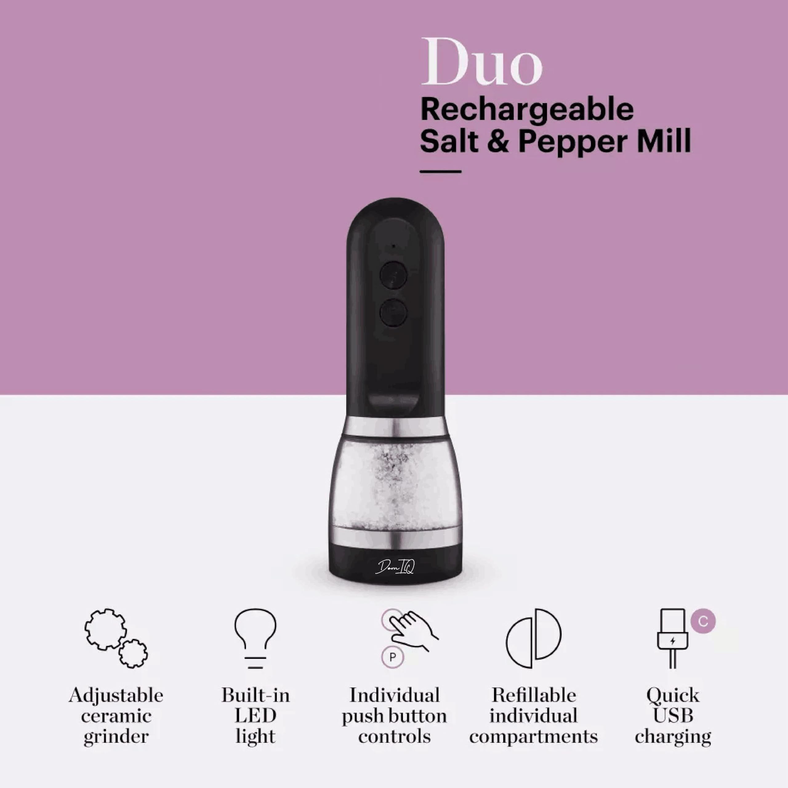 Electric Salt and Pepper Grinder 2-in-1, USB Rechargeable, Adjustable Ceramic Coarseness, LED Light, One-Handed Operation, Refillable, Black