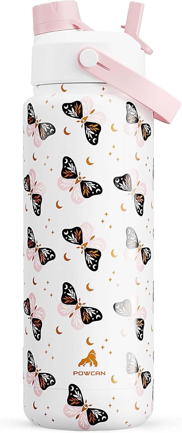 POWCAN 32 oz Insulated Water Bottle - 2-in-1 Straw & Spout Lid, Leak-Proof, BPA-Free | Ombra Butterfly Design