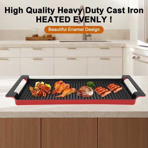 Cast Iron Grill/Griddle Pan with Non-Stick Coating & Grease Groove – Universal Outdoor/Indoor Cooking for Gas Grill, Charcoal BBQ, Camping, Tailgating（17.5X9” with Woody Handles）
