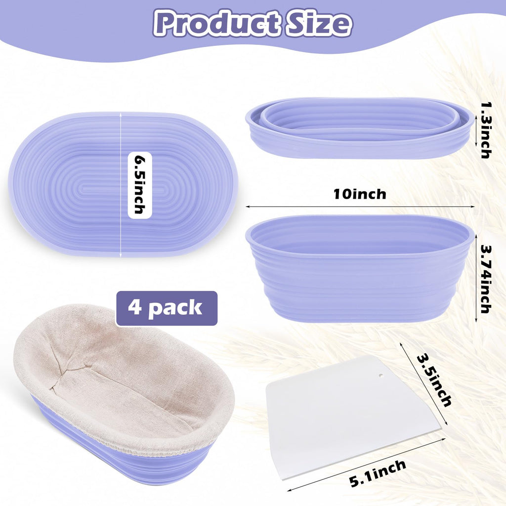 Nuogo 4 Pack Oval Bread Proofing Basket Silicone 10 Inch Collapsible Sourdough Bread Baking Supplies Dough Proofing Bowl with 4 Pcs Dough Scraper and 4 Pcs Basket Covers(Purple)