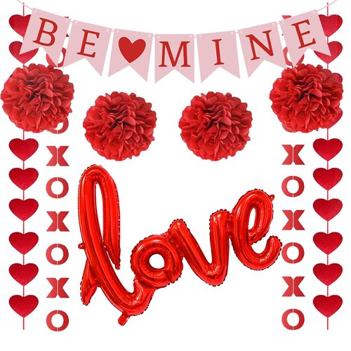 Valentines Day Decorations, Pre-Assembled Hanging Heart and XO Garlands, Be Mine Love Banner, Red Love Foil Balloon and Paper Ball, Valentine's Day Party Decor for Home Classroom Office