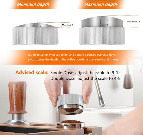 IKAPE 53mm Espresso Accessory Kit 6 in 1 Silver. Includes a Tamper, Distributor, Dosing Funnel, Puck Screen, Silicone Mat Station, and Cleaning Cloth