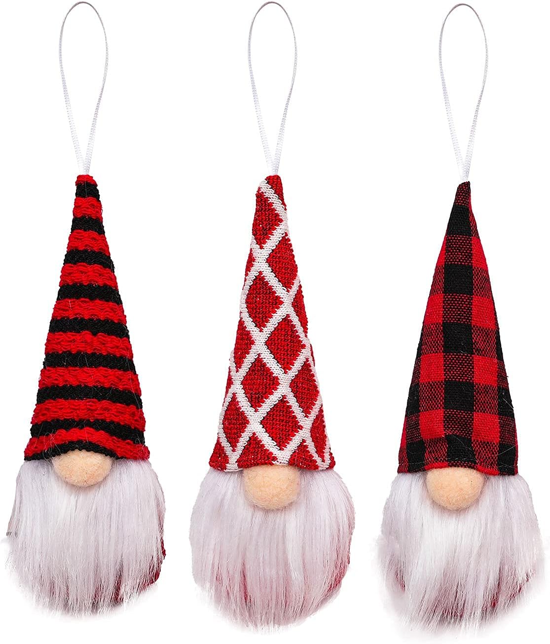 Skiennix Gnome Christmas Ornaments - Set of 3 Plush Santa Gnomes for Holiday Tree Decor | Red