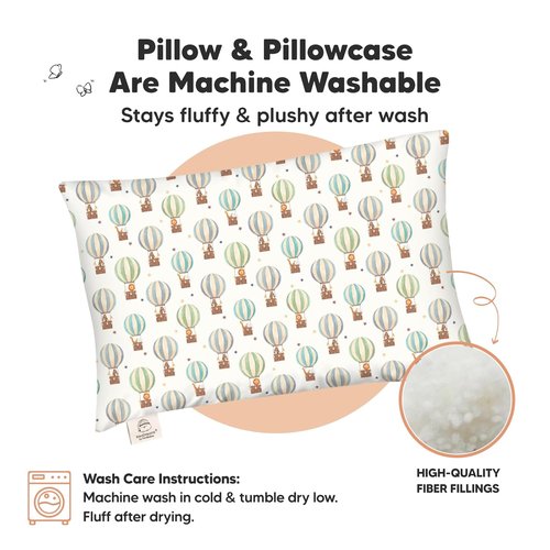 My Little Dreamy Toddler Pillow - Organic Cotton Travel Bed Pillow with Case, Soft & Breathable, 13x18 (Hot Air Balloon)