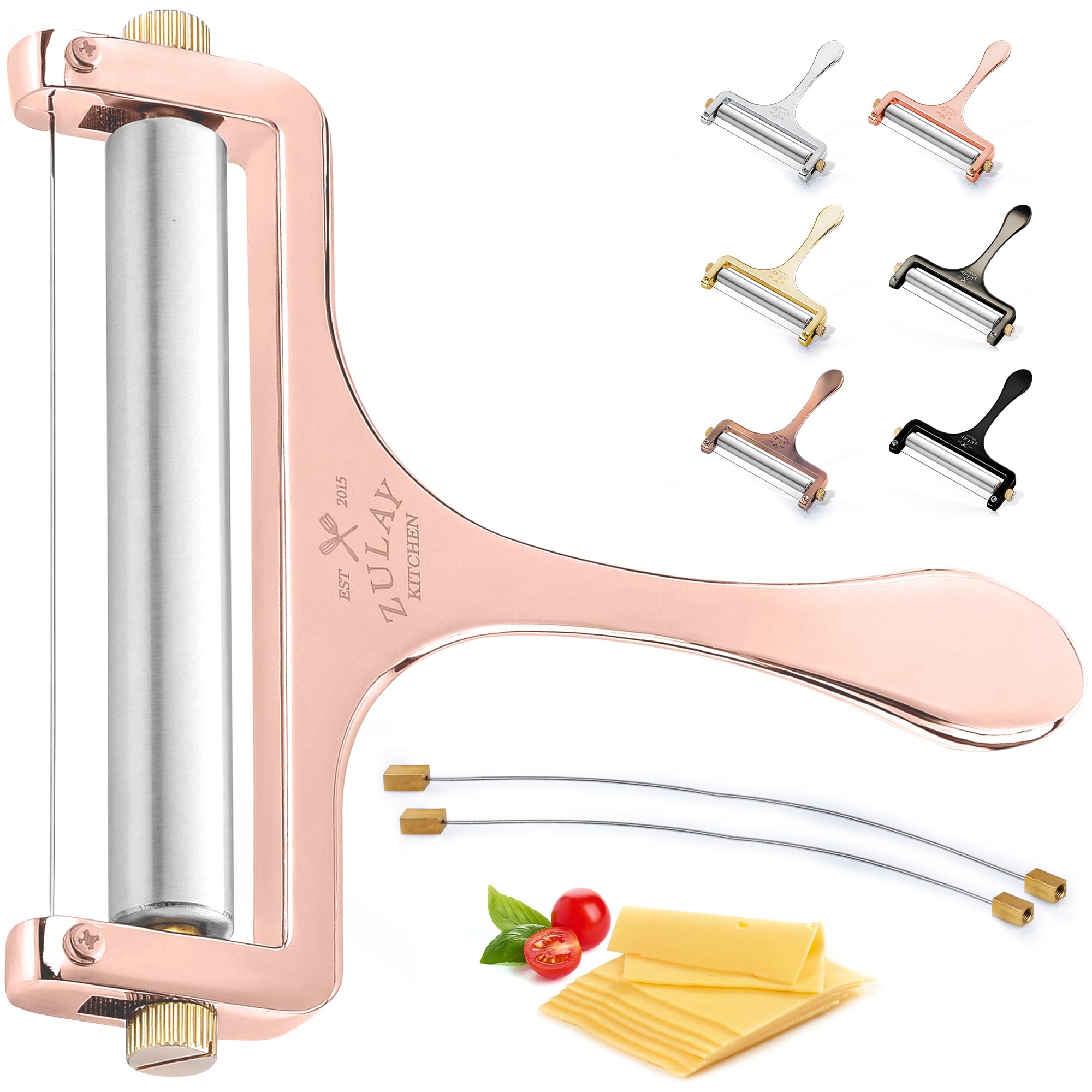 Zulay Adjustable Cheese Slicer - Wire Slicer for Mozzarella, Cheddar, Gouda - Heavy Duty With 2 Extra Wires (Rose Gold)