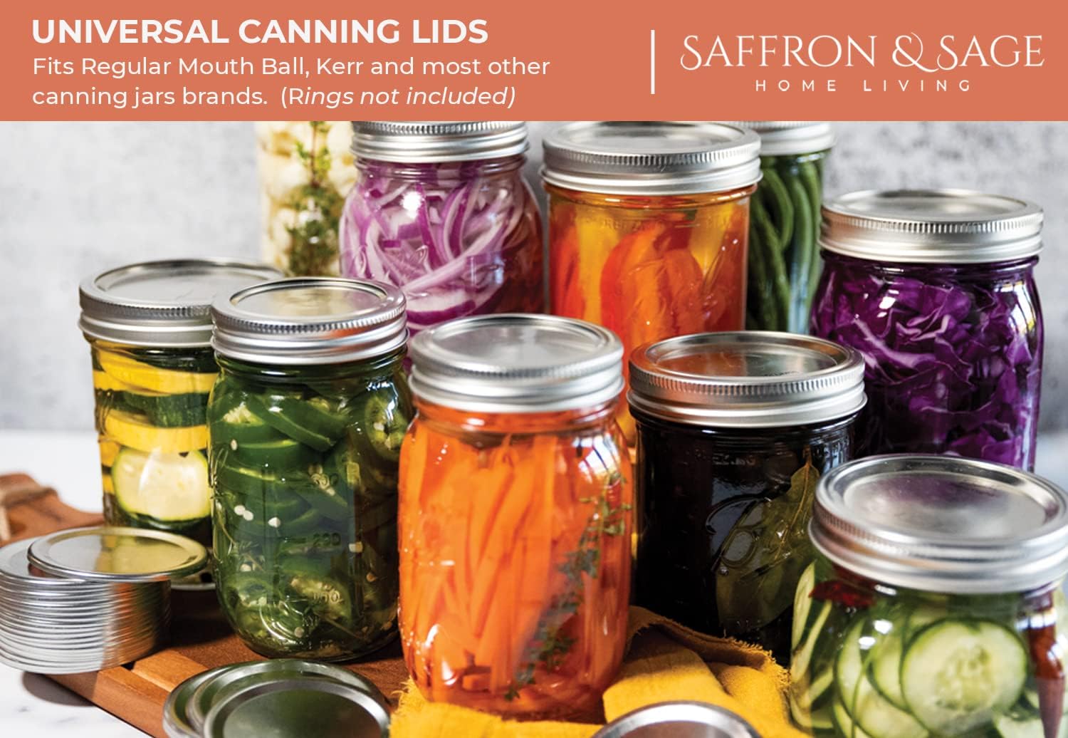 Saffron & Sage Canning Lids - 120 Count Regular Mouth Universal Lids for Ball & Kerr Jars | Food Grade, Rust Proof, Durable Seal