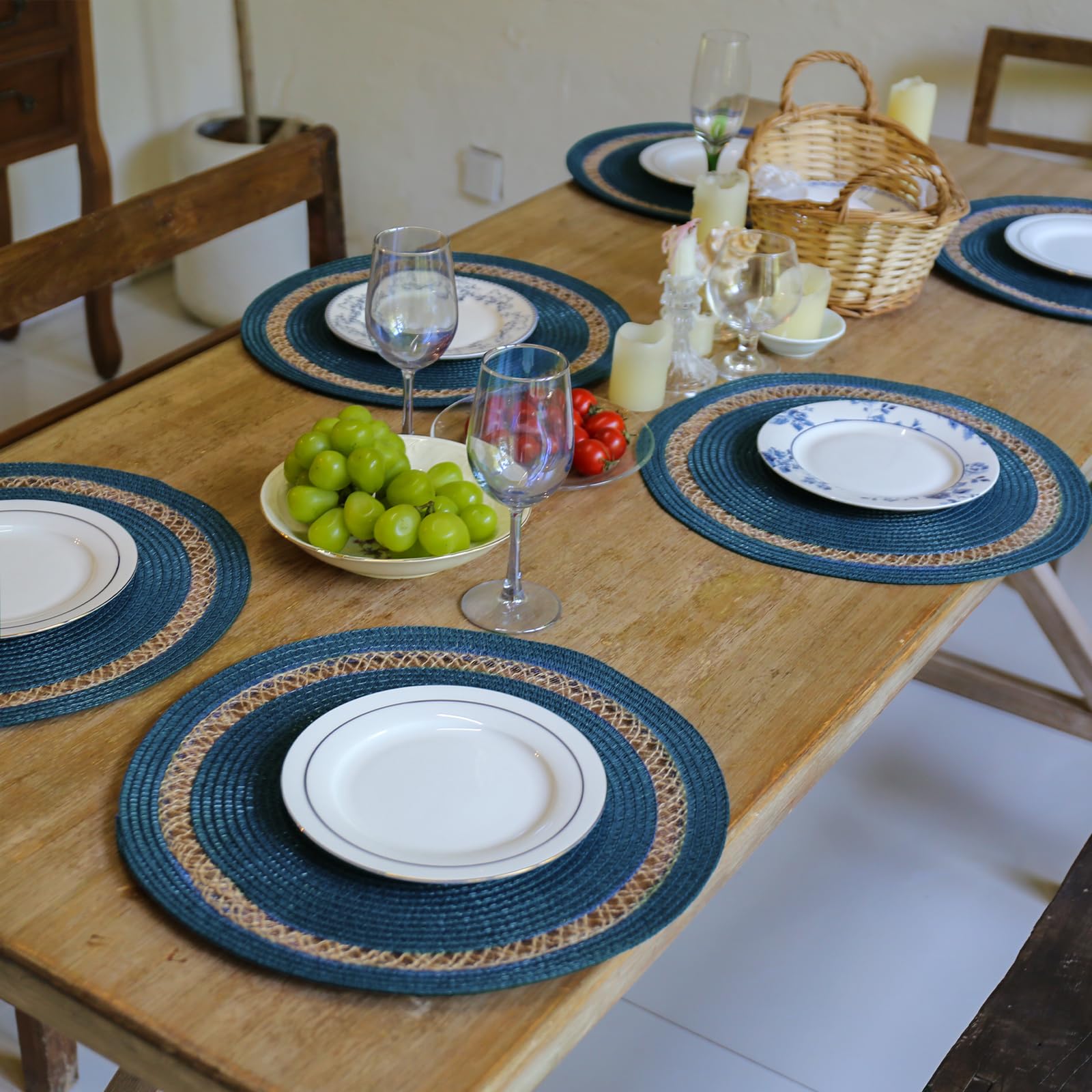 AHHFSMEI Round Paper and Jute Braided Placemats Set of 6 Non-Slip Heat Resistant Table Mats for Dining Tables Indoor & Outdoor Place mats for Daily Use (Blue,6)