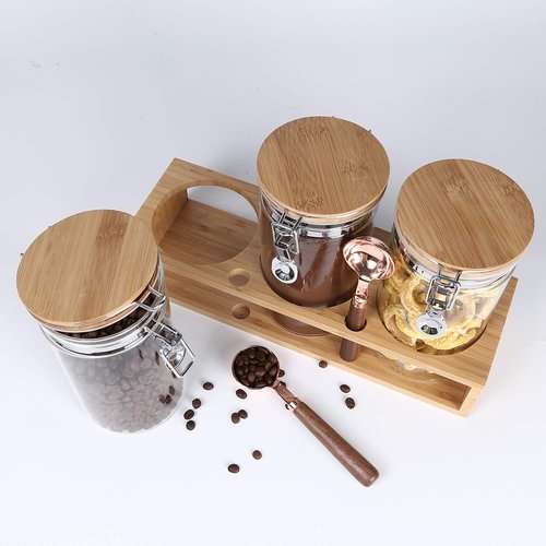 KKC Glass Airtight Coffee Bean Storage Containers for Counter,Ground Coffee Holder Jars,Airtight Glass Countertop Storage Jar Canisters with Spoon for Coffee,Loose Tea,40 Fluid-oz,Pack of 3