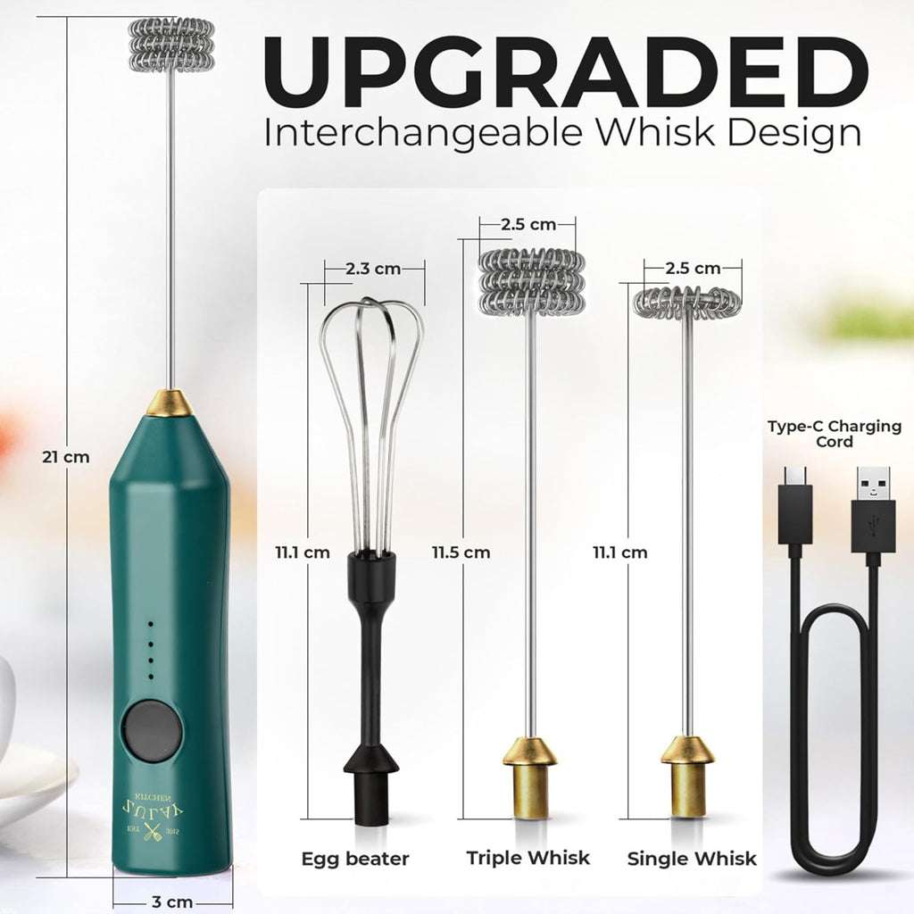Zulay Kitchen Rechargeable Milk Frother - 3 Speeds & 3 Whisk Attachments - USB Charging for Latte & Cappuccino - Green Gold