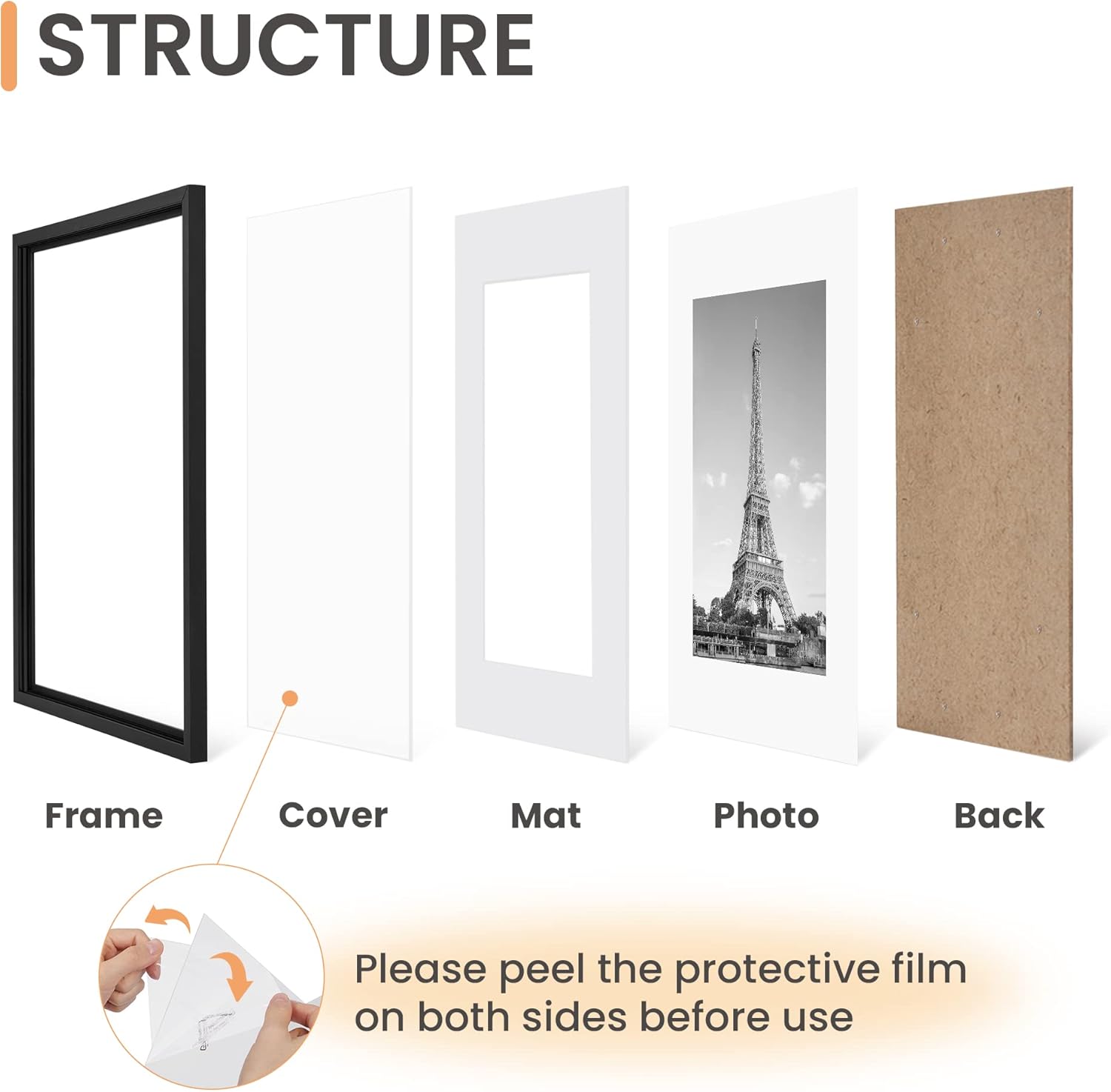 Upsimples 18x24 Picture Frame Set of 5 - Display 16x20 with Mat or 18x24 Without - Black Wall Gallery Frames
