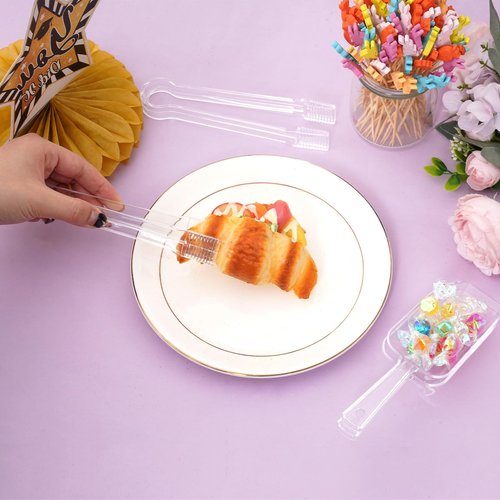 12Pcs Clear Plastic Ice Scoops Tongs Set, Small Tongs for Serving Food, Mini Candy Scoops for Candy Buffet Dry Goods Freezer Bin Canisters (Clear)
