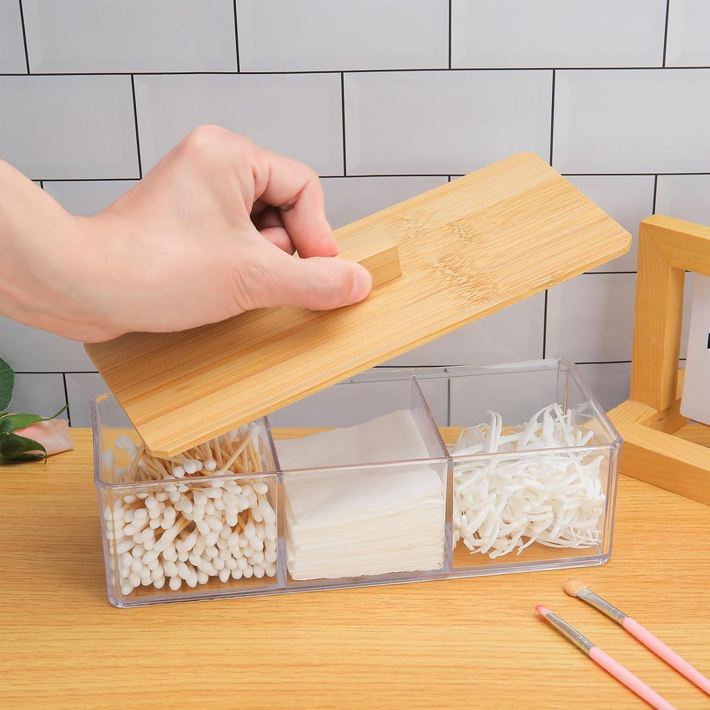 Wood Qtip Holder - 3 Compartment Cotton Ball & Swab Organizer with Lid | Clear Acrylic Makeup Storage