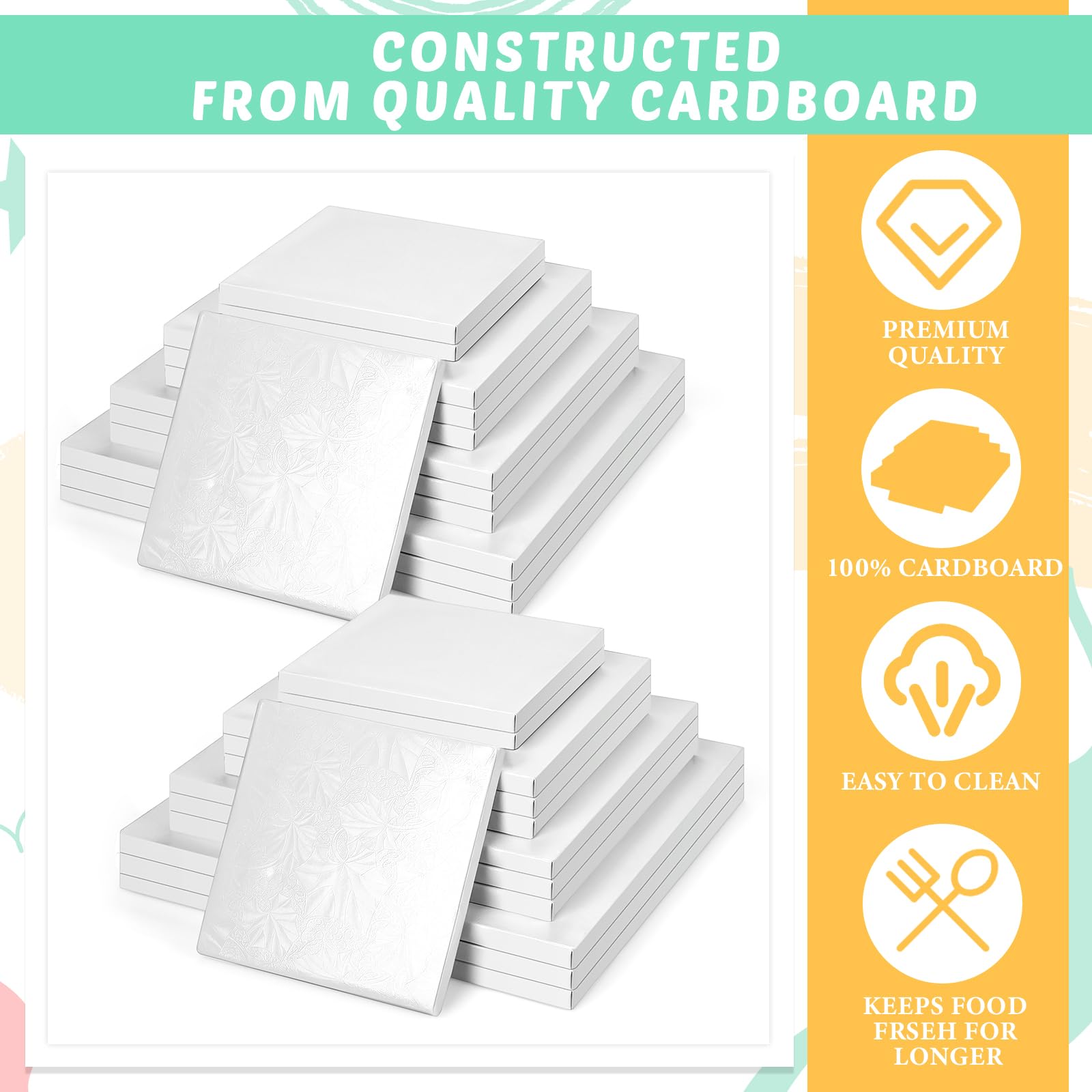 Baderke 12 Pcs White Square Cake Drums Assorted Size 6/8/10/12 Inch, 1/2 Inch Thick Square Cake Board Drum Fully Wrapped Foil for Christmas Baking Desserts Pastries, White Leaf Style