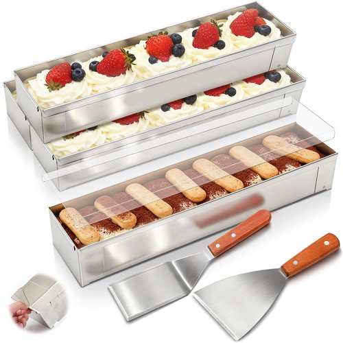 Blushtier 4 Pcs Nonstick Rectangle Tiramisu Cake Pan with Acrylic Lid and 2 Metal Spatula Removable Frame 304 Stainless Steel Cake Baking Molds for Tiramisu Cheesecake Mousse (15.75x3.94x2.56 Inch)