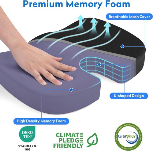 CushZone Seat Cushion - Memory Foam Relief for Sciatica, Tailbone & Back Pain - Black Orthopedic Coccyx Pillow