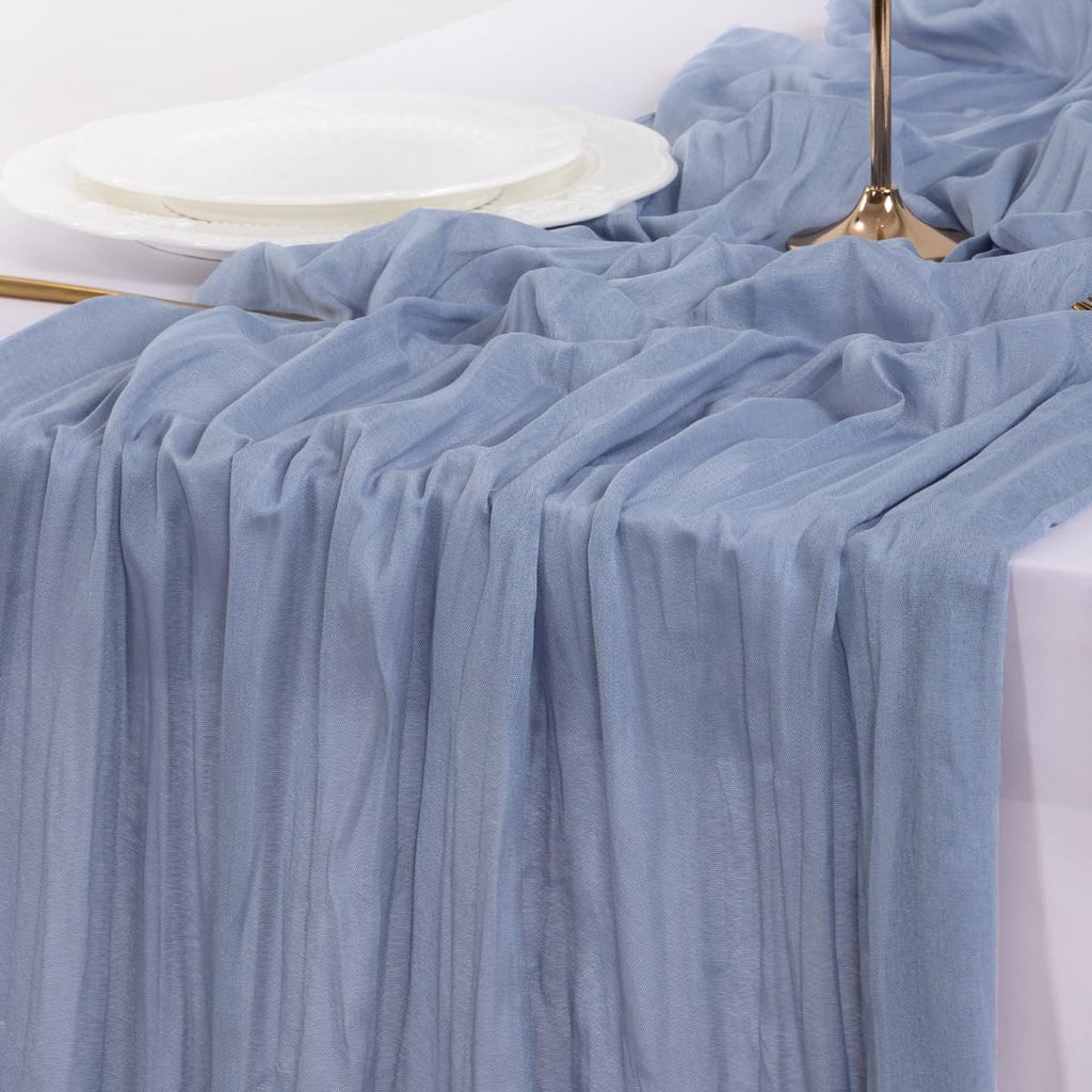 Socomi Cheesecloth Table Runner - Dusty Blue Boho Style | 120 Inch for Weddings & Parties