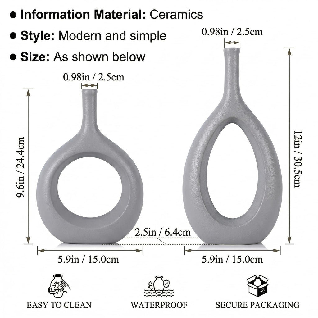 Gray Ceramic Hollow Elliptical Vase Set of 2 - Boho Circle Vase with Hole, for Modern Grey Table Decor, Living Room Decor Shelf mid Century Modern Home Entrance Decorative vase