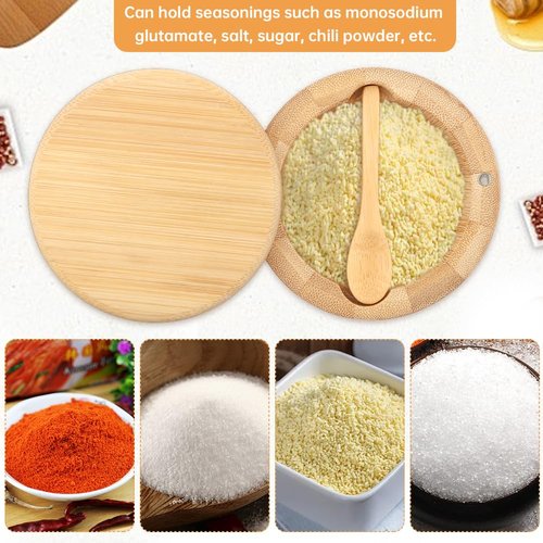 Londehuhai Magnetic Rotating Lid Bamboo Spice Jar with Built in Spoon, 6oz Salt Cellar Small Sal-t Box, Kitchen Salt Pepper Shaker, Easy-Pour Spice Dispenser for Sugar, Herbs, Seasonings(COLOR:Wood)