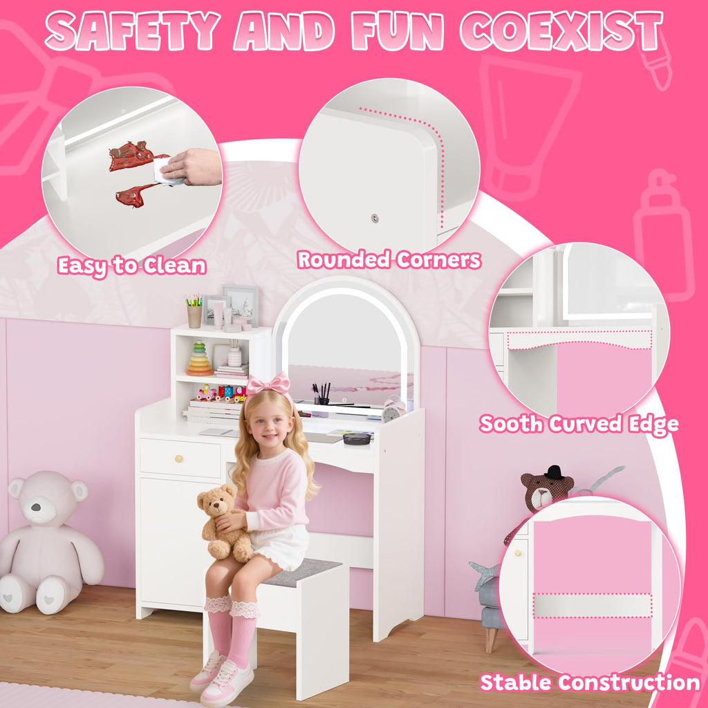 Zupemo Kids Vanity Table and Chair Set with Lighted Mirror, Toddler Vanity for Girls with Stool, Storage Shelves and Drawer, Little Girls Vanity Set with Mirror and Lights, White