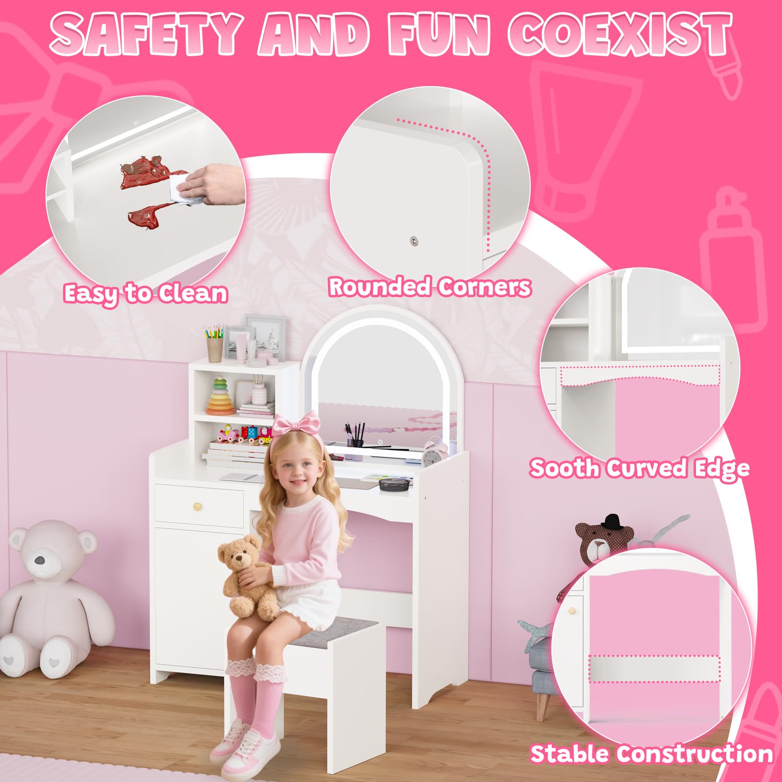 Zupemo Kids Vanity Table and Chair Set with Lighted Mirror, Toddler Vanity for Girls with Stool, Storage Shelves and Drawer, Little Girls Vanity Set with Mirror and Lights, White