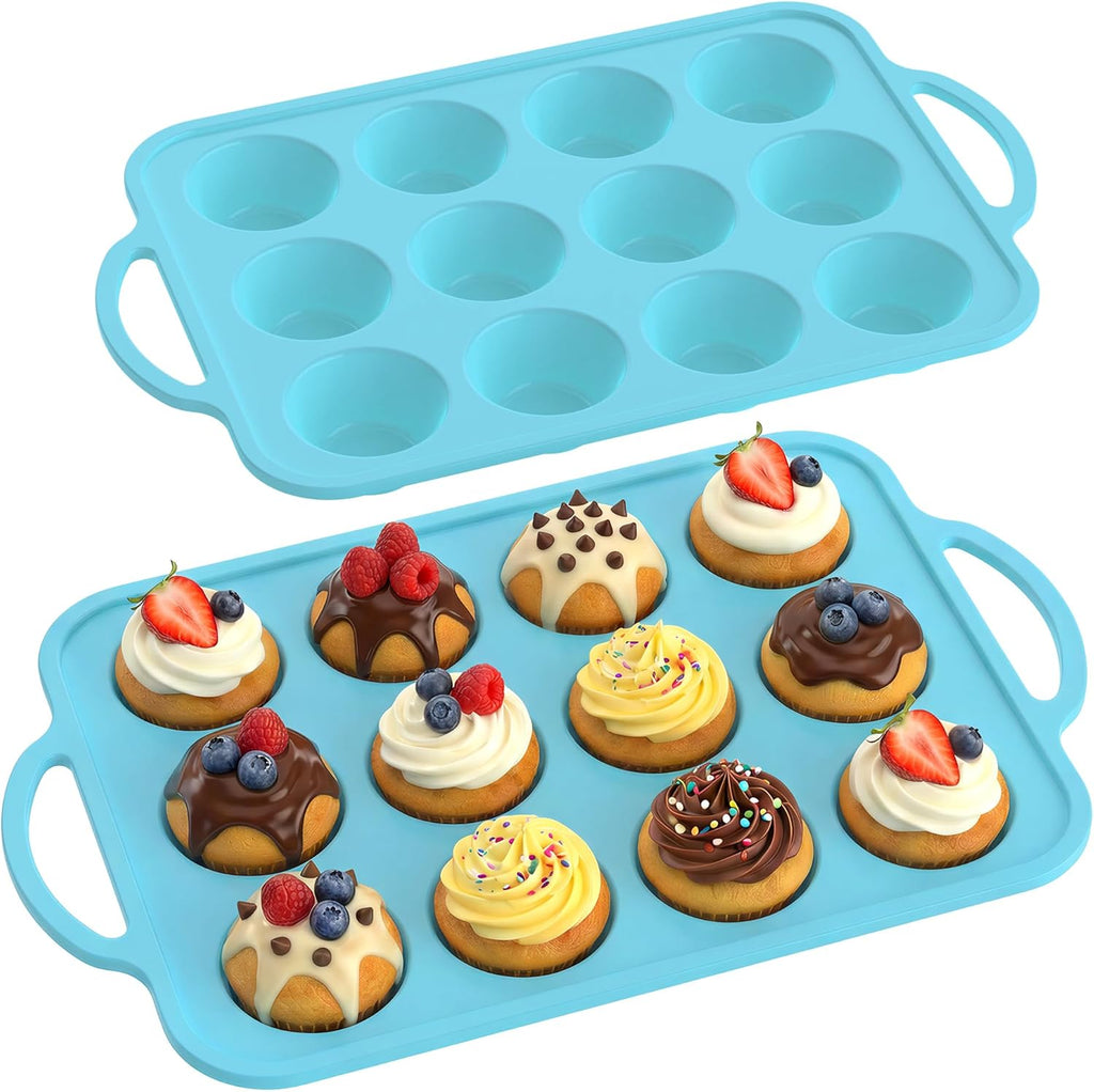 Skiennix Silicone Muffin Pan - 12-Cup Baking Tray with Metal Reinforced Frame, BPA Free - Blue