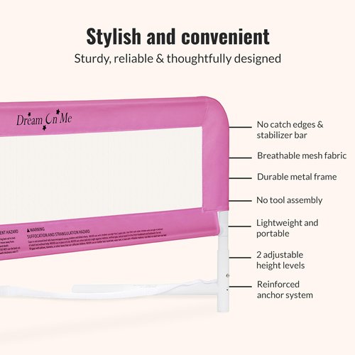 Dream On Me Adjustable Mesh Bed Rail, Two Height Levels, Ready To Use, Compatible with Twin Size Beds, All Steel construction, Equipped with Guard Gap, Durable Nylon Fabric Mesh, Pink