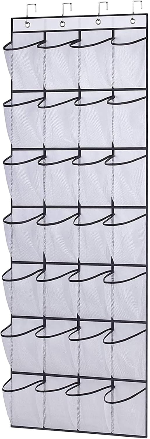Over The Door Shoe Organizer - 28 Large Mesh Pockets for Space-Saving Storage | White