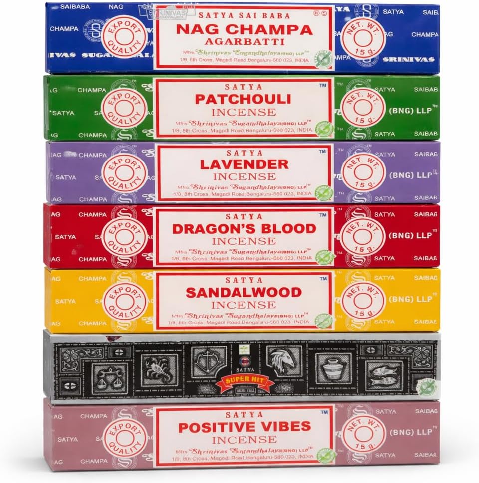 Satya Incense Gift Set - Nag Champa, Dragon's Blood, Sandalwood & Lavender | 15g for Positive Vibes
