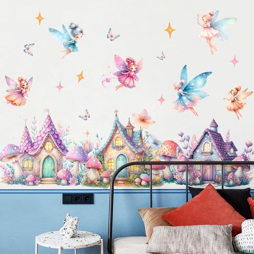 Amaonm Cartoon Princess Butterfly Girls Room Wall Decal Flower Angel with Rainbow Castles Wall Sticker DIY Peel and Stick Mushroom Wall Decor for Home Nursery Bedroom Bathroom (A)