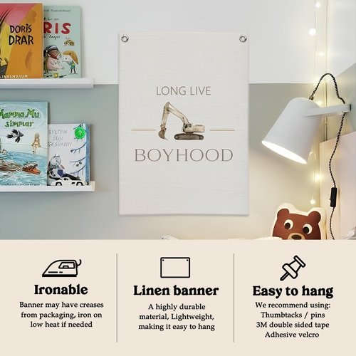 Dilemat Long Live Boyhood Canvas Banner Wall Hanging, Construction Decor for Boys Room,Kids Playroom Wall Decor Hanging Banner Flag for Boys Toddler Nursery Bedroom Playroom, 18X25 Inch