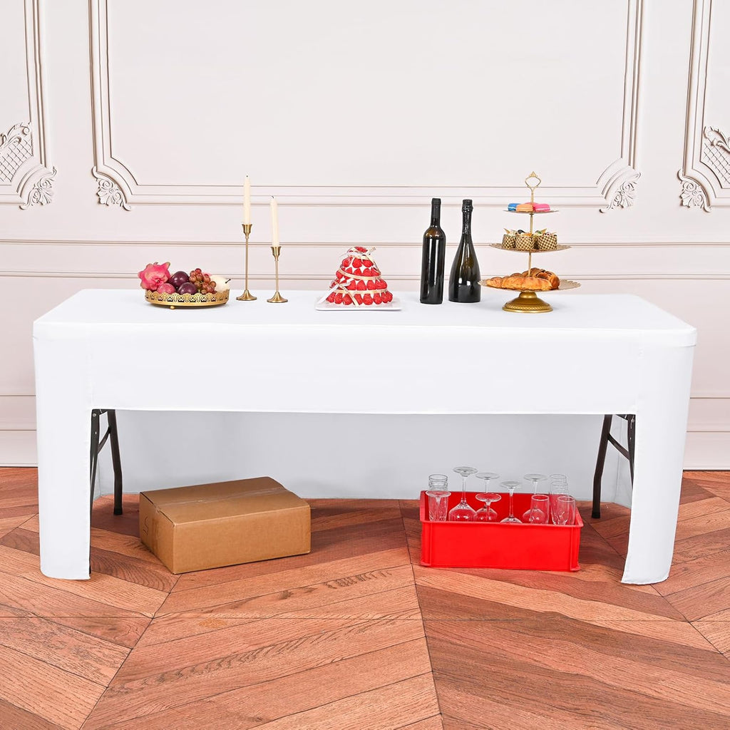 Skiennix 4-Pack White Fitted Tablecloths - Washable Polyester for 6-Foot Rectangle Tables (72" x 30")