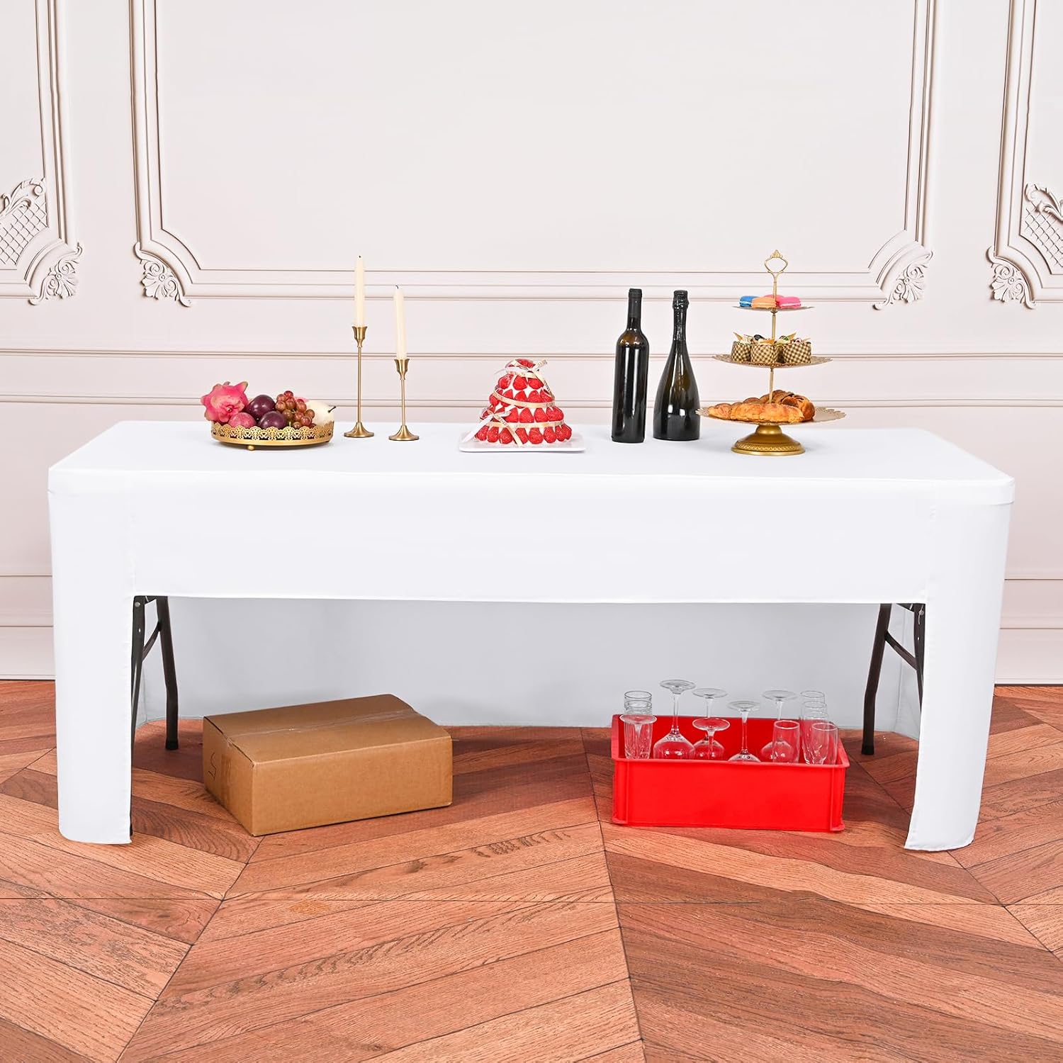 Skiennix 4-Pack White Fitted Tablecloths - Washable Polyester for 6-Foot Rectangle Tables (72" x 30")