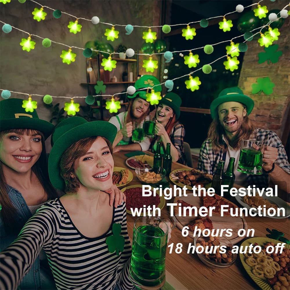 Skiennix St. Patrick's Day Garland Lights - 20 LED Shamrock Pompoms with Timer | 9.85ft Green Decor
