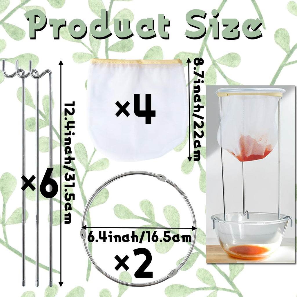2 Pack White & Silver Strainer Stand,Strainer Stand with 4 Reusable Staining Bags,Reusable Food Filter Bag Jelly Bags for Straining Juice Yogurt Cheese Broth Nut Milk