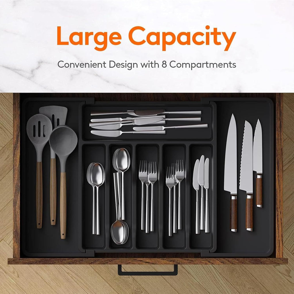 Skiennix Large Expandable Silverware Organizer - BPA-Free Plastic Utensil Tray for Kitchen Drawers | Adjustable Cutlery Holder