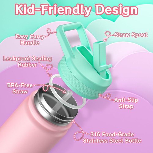 Baab Kids Water Bottle - Insulated 18oz Stainless Steel Cup with Straw & Stickers | Pink