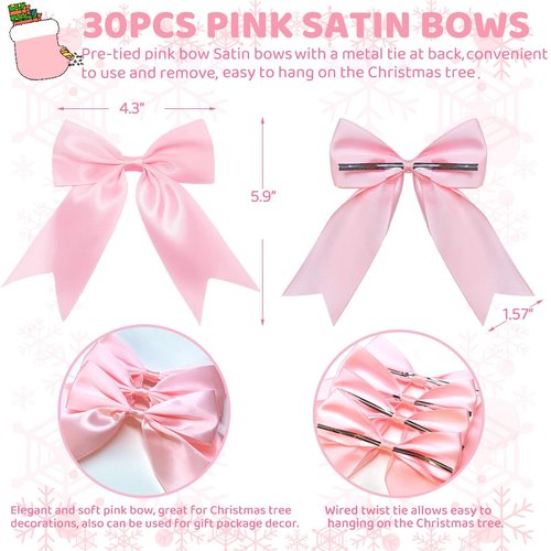 30 Pcs Pink Satin Ribbon Bows, Christmas Tree Bows Wreath Bows Tree Topper Bow for Garland Wreath Gift Wrapping Fireplace Coquette Wedding Party Decorations