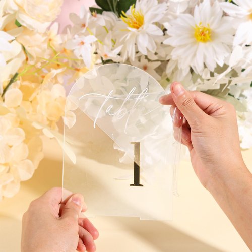 iFaveorr Arch Wedding Table Numbers 1-20 with Stands, Elegant Gold Number 5.5 x 7” Arch Acrylic Signs with Holder, Clear Acrylic Table Numbers for Wedding Reception, Anniversary, Party, Events