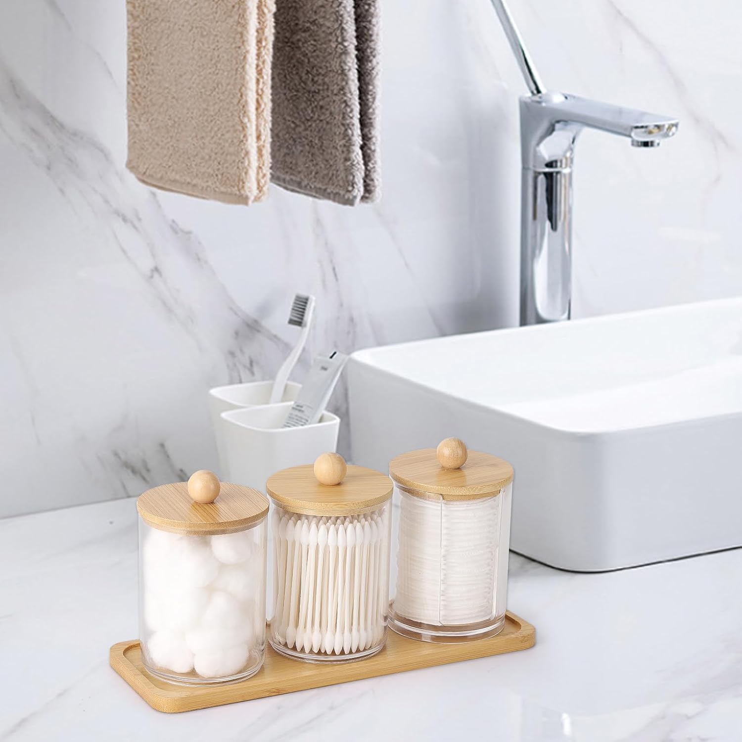 Tbestmax Qtip Holder Set - 10 oz Clear Apothecary Jar with Bamboo Lids | 3 Pack Cotton Swab Dispenser