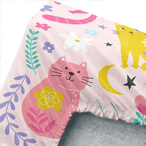 QOOMO Floral Cats Sheet Set,Kawaii Cats Kids Bed Sheets,Pink Floral 16" Deep Pocket Bed Sheet Set for Boys/Girls/Kids/Teens，4 Piece Sheet Set, 1 Fitted Sheet,1 Flat Sheet and 2 Pillowcases，Twin Size